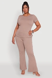 Womens Plus Ribbed Knit Classic Fit Solid Crew Neck T-Shirt,