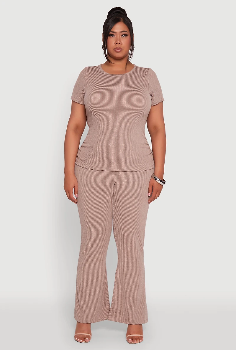 Womens Plus Size Ribbed Knit Classic Fit Solid Crew Neck T-Shirt, Beige, Size 1X