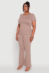 Womens Plus Ribbed Knit Classic Fit Solid Crew Neck T-Shirt,