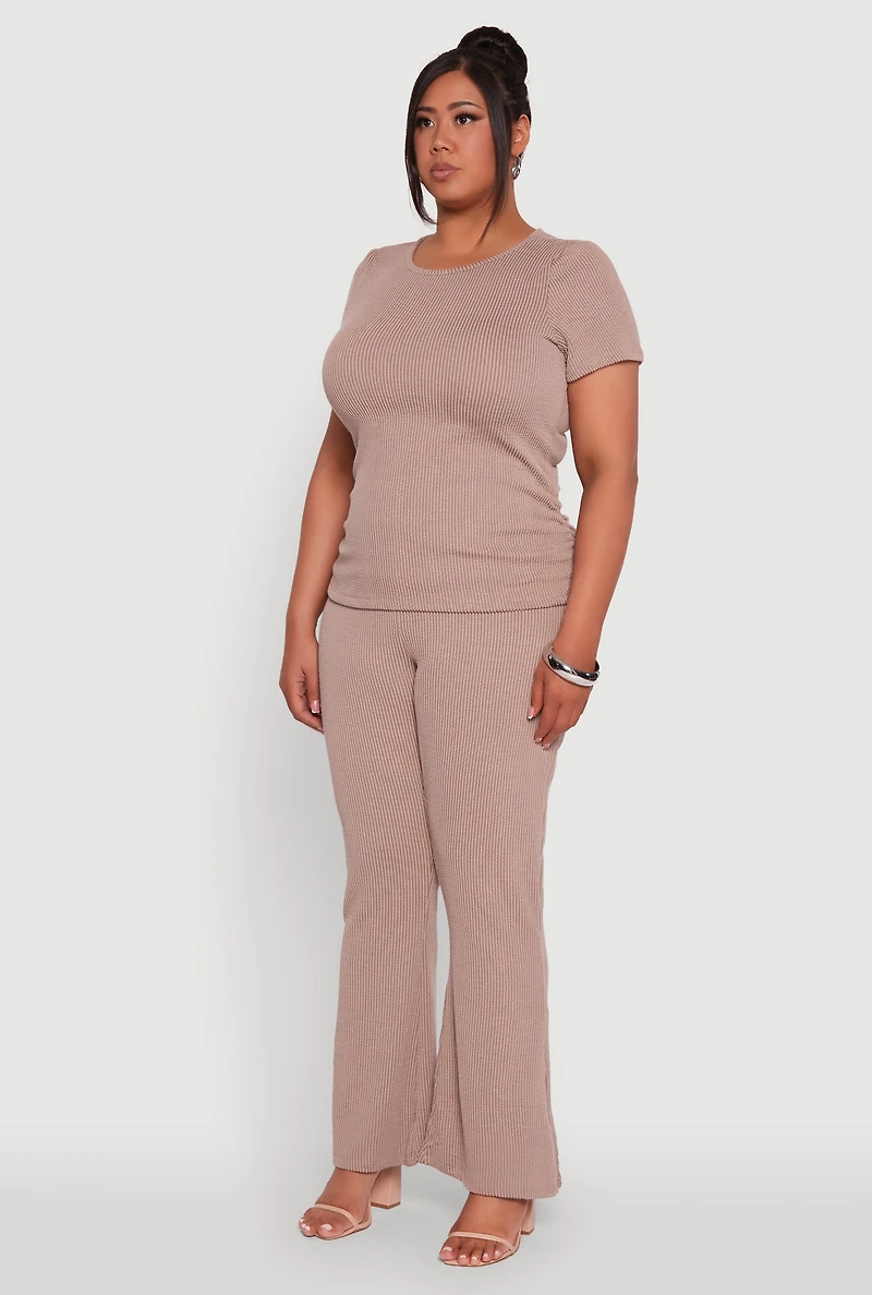 Womens Plus Size Ribbed Knit Classic Fit Solid Crew Neck T-Shirt, Beige, Size 1X