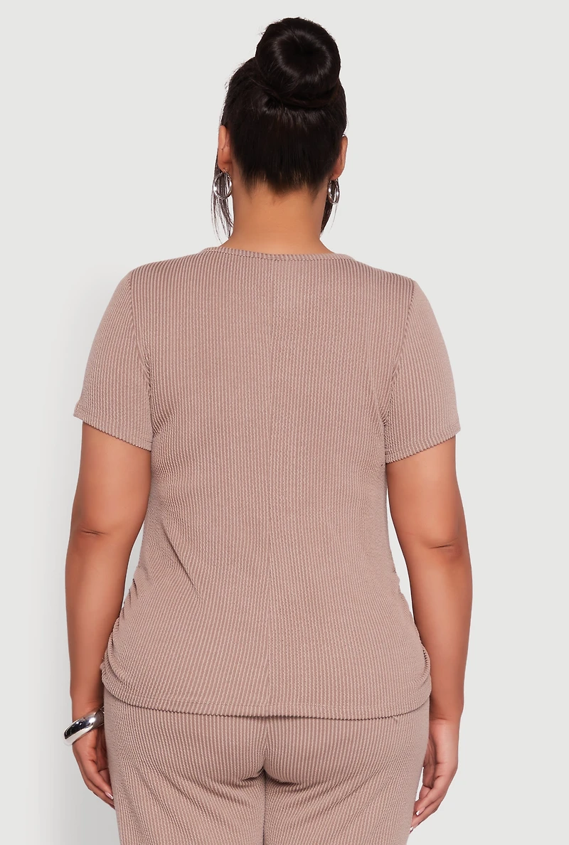 Womens Plus Size Ribbed Knit Classic Fit Solid Crew Neck T-Shirt, Beige, Size 1X