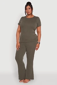 Womens Plus Size Ribbed Knit Classic Fit Solid Crew Neck T-Shirt, Green, Size 1X