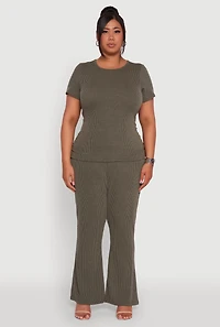 Womens Plus Size Ribbed Knit Classic Fit Solid Crew Neck T-Shirt, Green, Size 1X