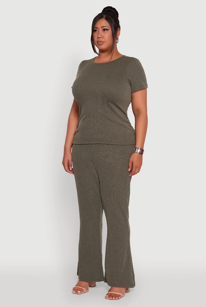 Womens Plus Size Ribbed Knit Classic Fit Solid Crew Neck T-Shirt, Green, Size 1X