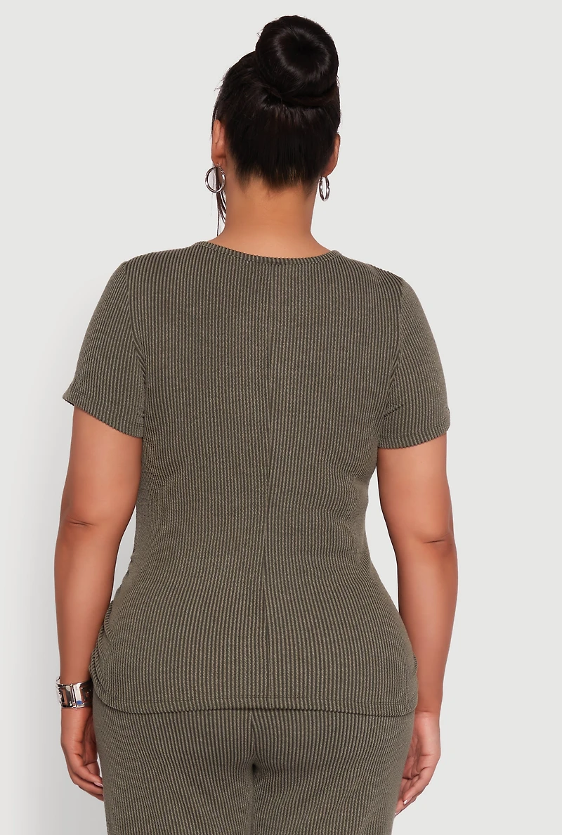 Womens Plus Size Ribbed Knit Classic Fit Solid Crew Neck T-Shirt, Green, Size 1X