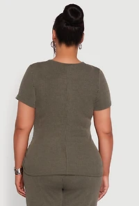 Womens Plus Size Ribbed Knit Classic Fit Solid Crew Neck T-Shirt, Green, Size 1X