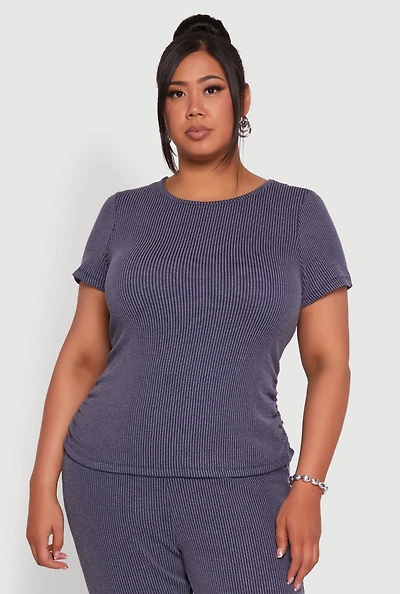Womens Plus Ribbed Knit Classic Fit Solid Crew Neck T-Shirt, Blue,