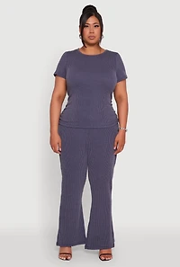 Womens Plus Size Ribbed Knit Classic Fit Solid Crew Neck T-Shirt, Blue, Size 2X