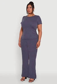 Womens Plus Size Ribbed Knit Classic Fit Solid Crew Neck T-Shirt, Blue, Size 2X