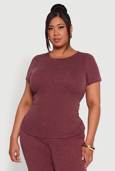 Womens Plus Ribbed Knit Classic Fit Solid Crew Neck T-Shirt, 1X