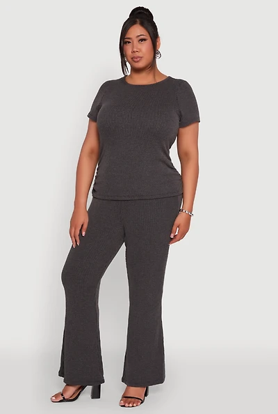Womens Plus Size High Waisted Ribbed Knit Flare Leg Pants, Grey, Size 1X