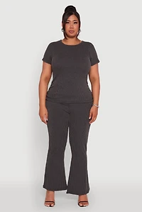 Womens Plus Size High Waisted Ribbed Knit Flare Leg Pants, Grey, Size 1X