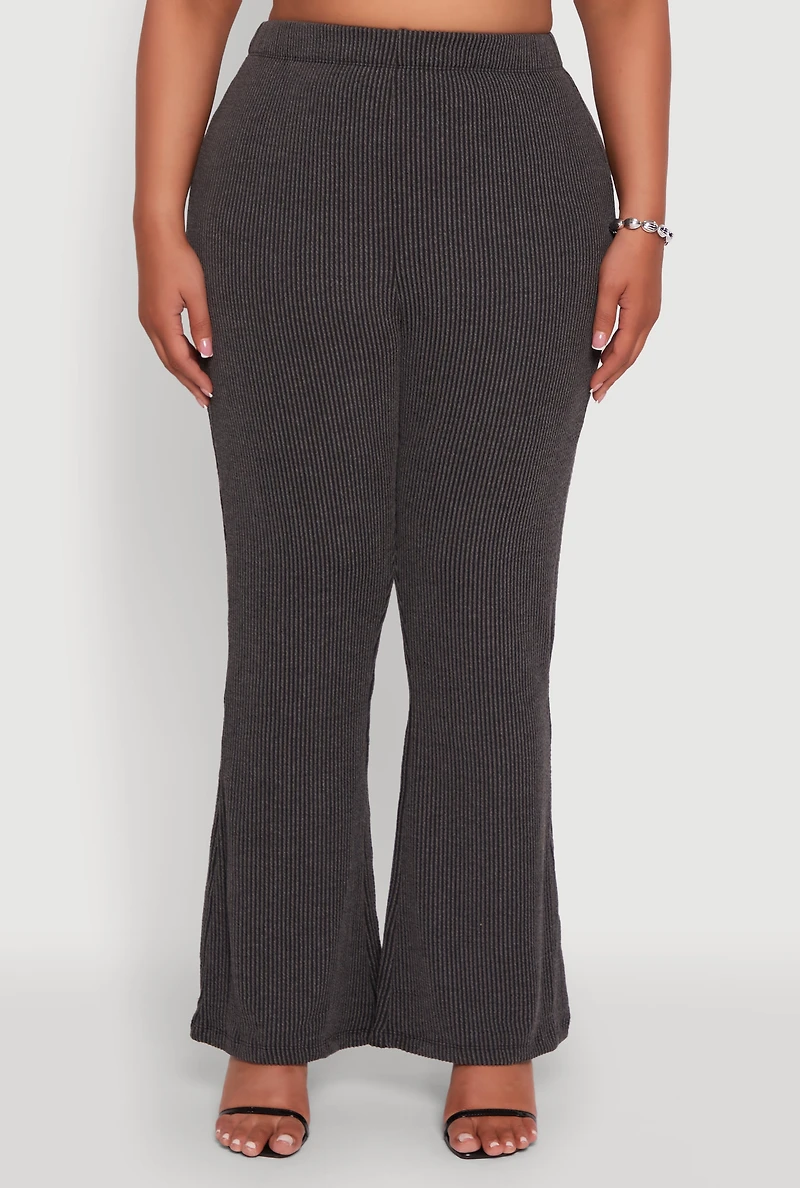 Womens Plus Size High Waisted Ribbed Knit Flare Leg Pants, Grey, Size 1X