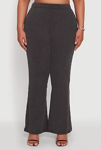 Womens Plus Size High Waisted Ribbed Knit Flare Leg Pants, Grey, Size 1X
