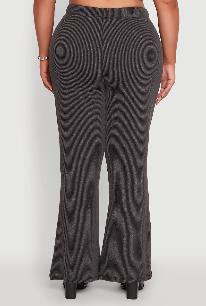 Womens Plus Size High Waisted Ribbed Knit Flare Leg Pants, Grey, Size 1X