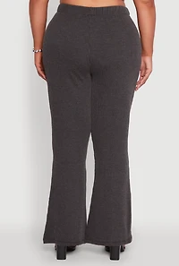 Womens Plus Size High Waisted Ribbed Knit Flare Leg Pants, Grey, Size 1X