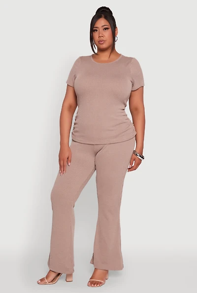 Womens Plus Size High Waisted Ribbed Knit Flare Leg Pants, Khaki, Size 3X