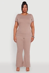 Womens Plus Size High Waisted Ribbed Knit Flare Leg Pants, Khaki, Size 3X