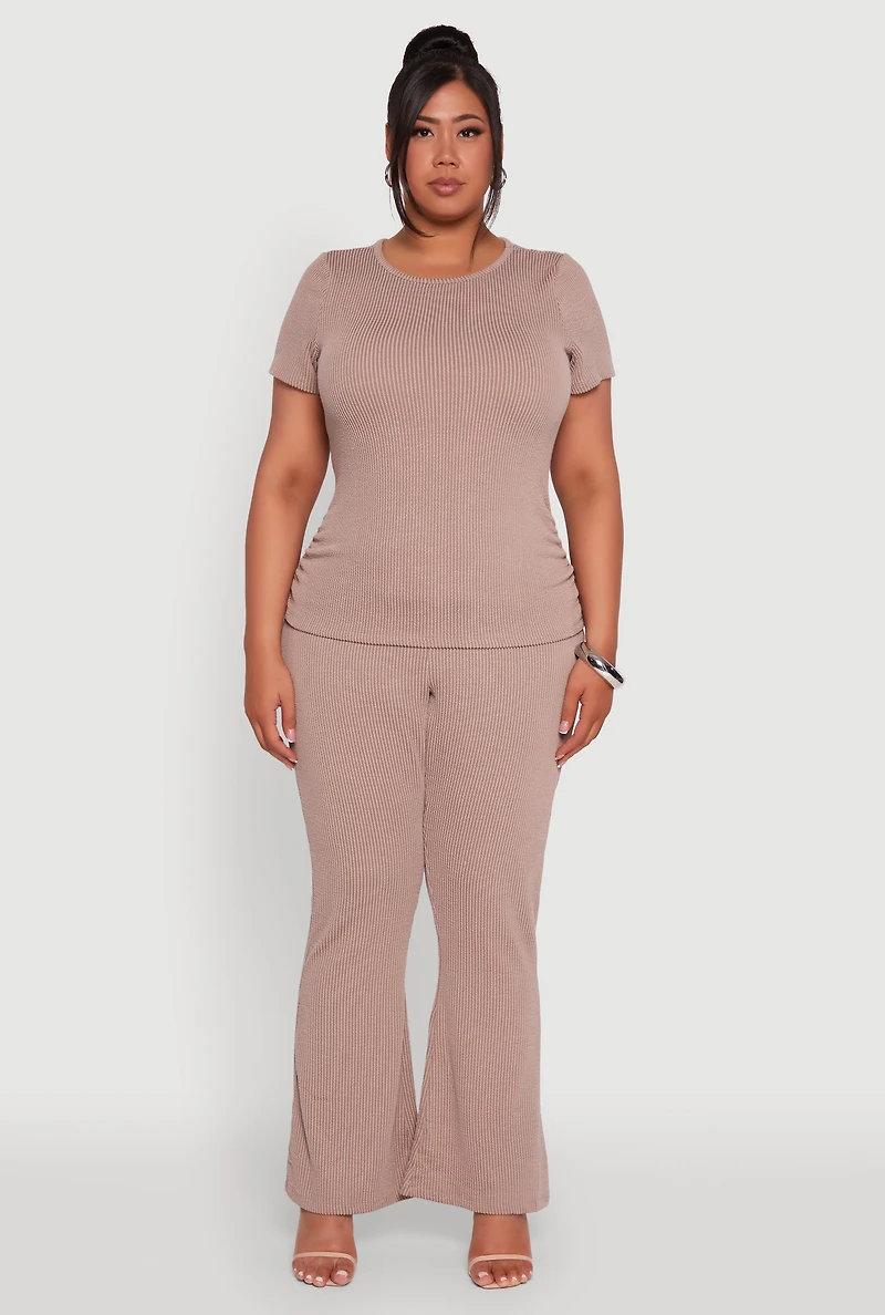 Plus High Waisted Ribbed Knit Flare Leg Pants