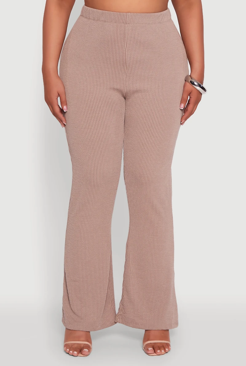 Womens Plus Size High Waisted Ribbed Knit Flare Leg Pants, Khaki, Size 2X