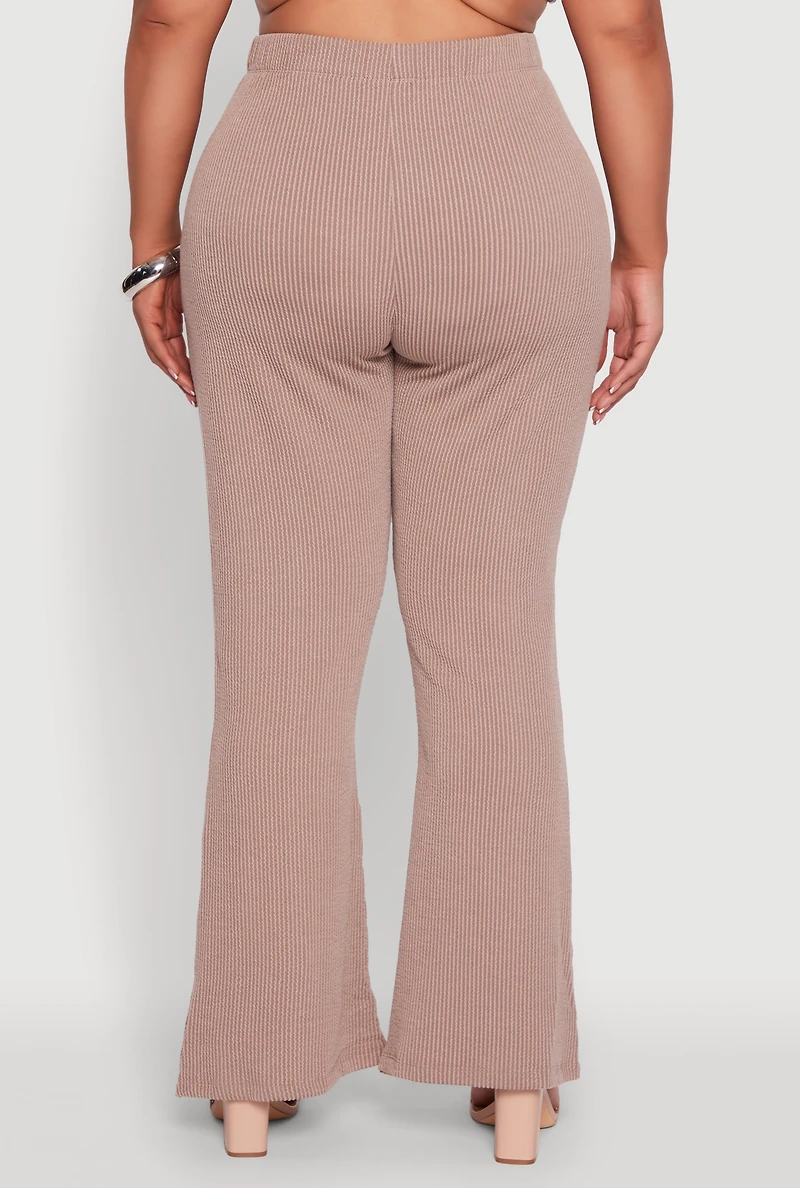 Womens Plus Size High Waisted Ribbed Knit Flare Leg Pants, Khaki, Size 3X