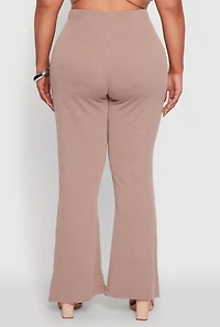 Womens Plus Size High Waisted Ribbed Knit Flare Leg Pants, Khaki, Size 3X