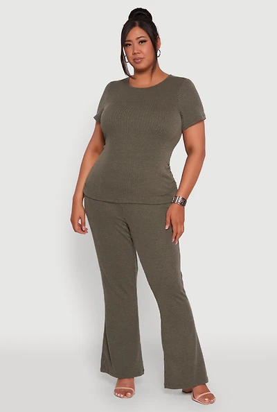 Womens Plus High Waisted Ribbed Knit Flare Leg Pants,