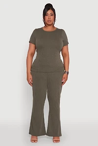 Womens Plus High Waisted Ribbed Knit Flare Leg Pants, 2X