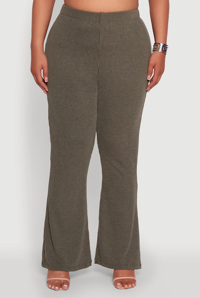 Womens Plus High Waisted Ribbed Knit Flare Leg Pants, 2X