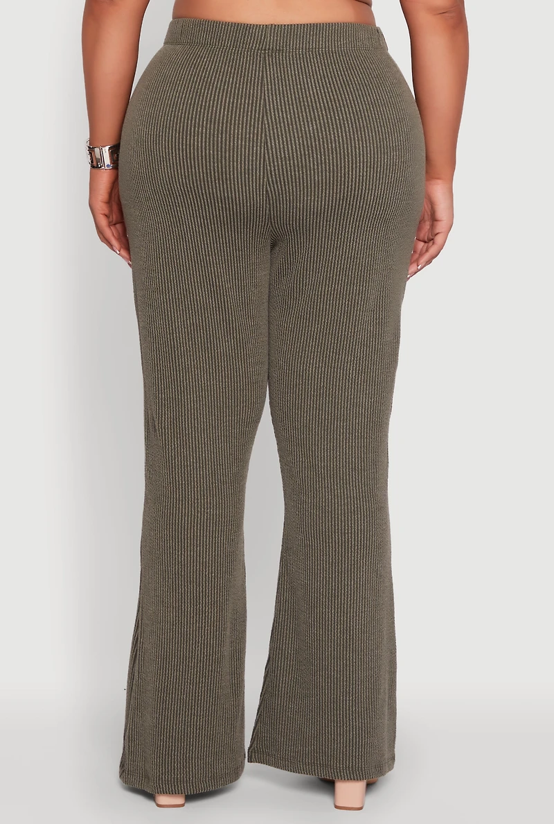 Womens Plus High Waisted Ribbed Knit Flare Leg Pants, 2X