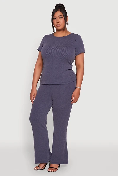 Womens Plus High Waisted Ribbed Knit Flare Leg Pants,