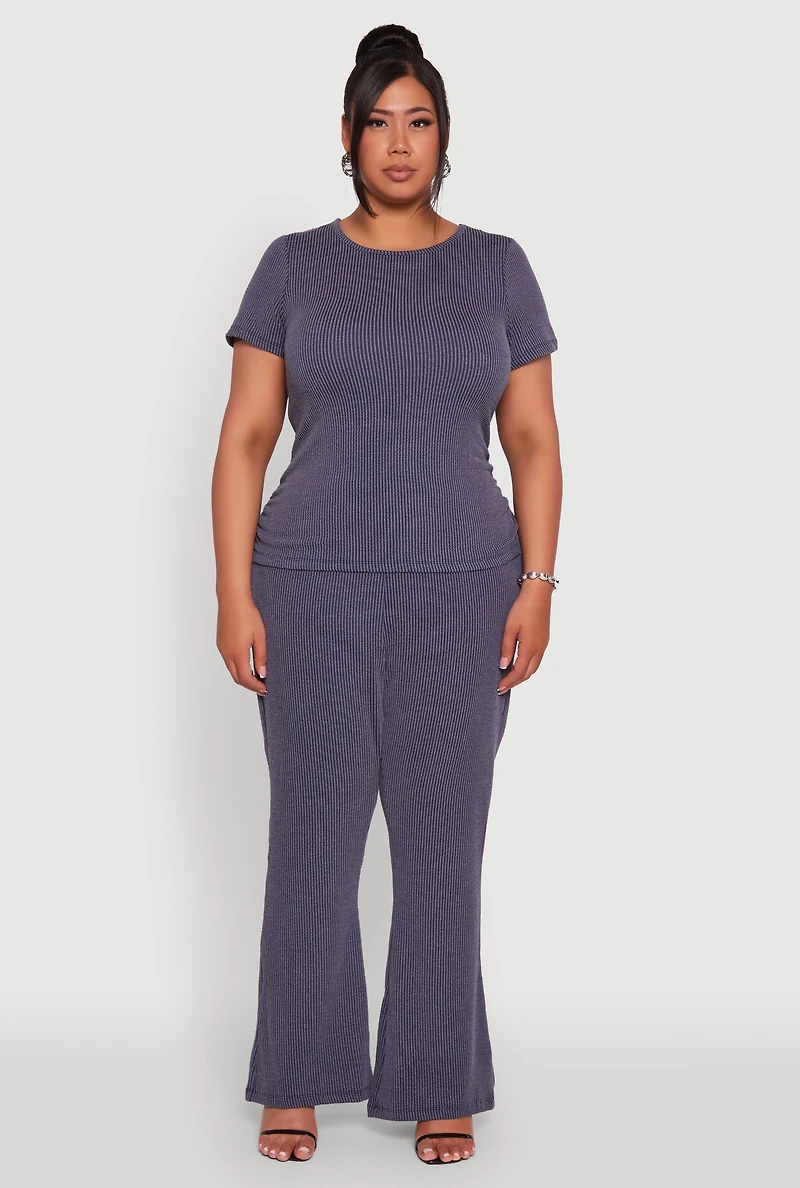 Womens Plus High Waisted Ribbed Knit Flare Leg Pants,