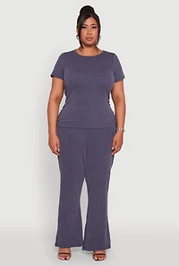 Womens Plus High Waisted Ribbed Knit Flare Leg Pants, 2X