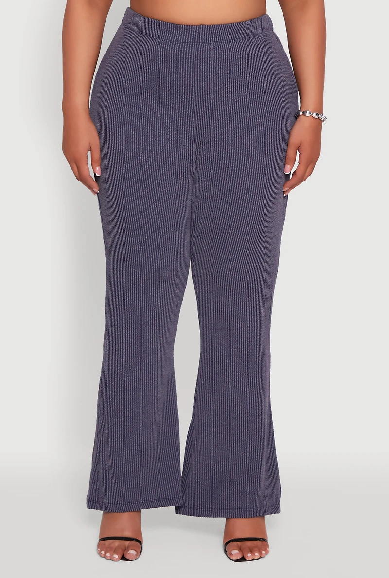 Womens Plus High Waisted Ribbed Knit Flare Leg Pants, 3X