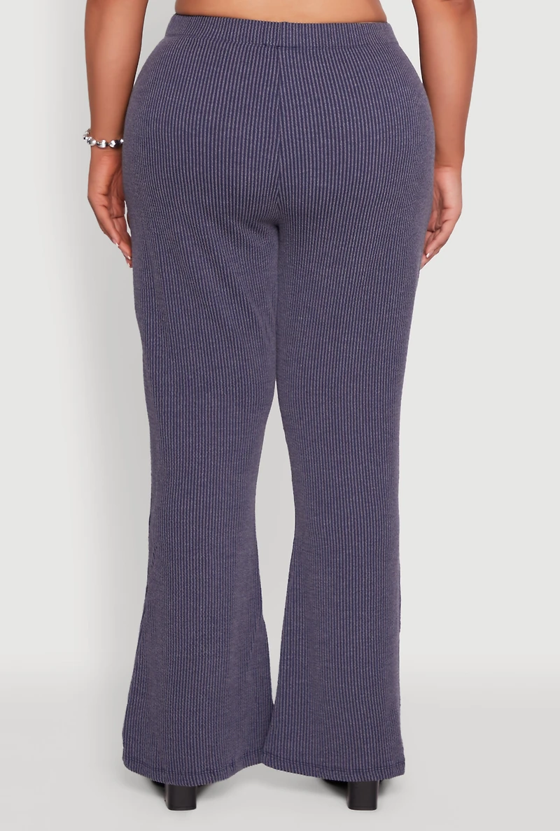 Womens Plus High Waisted Ribbed Knit Flare Leg Pants, 2X