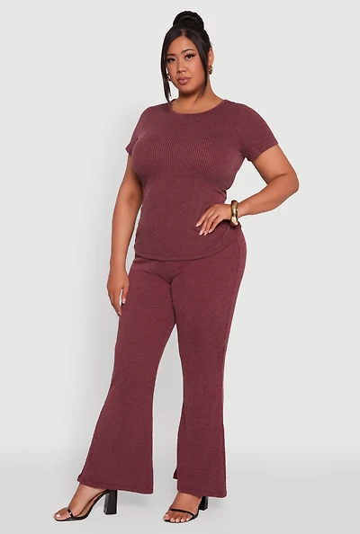 Womens Plus High Waisted Ribbed Knit Flare Leg Pants,