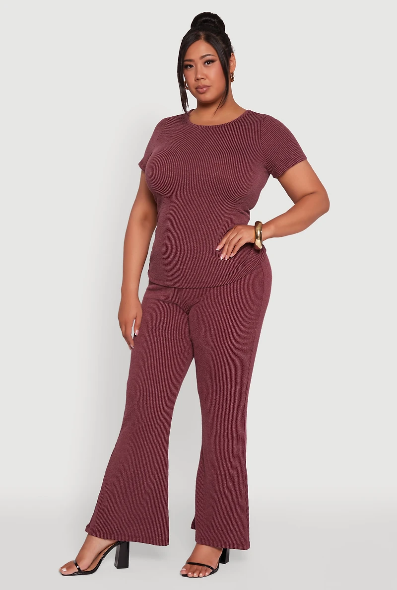 Womens Plus Size High Waisted Ribbed Knit Flare Leg Pants, Burgundy, Size 2X