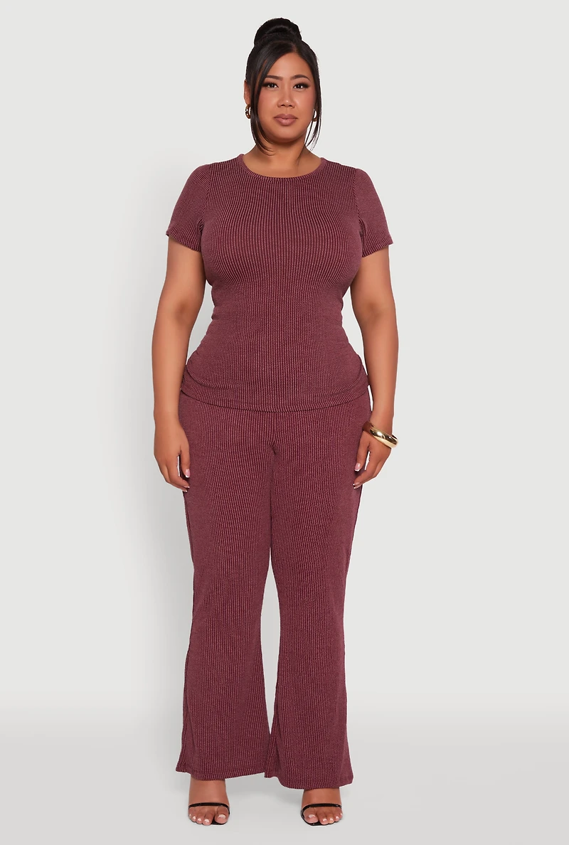 Womens Plus Size High Waisted Ribbed Knit Flare Leg Pants, Burgundy, Size 2X