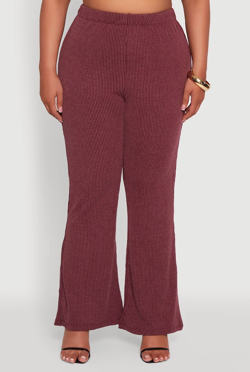 Womens Plus Size High Waisted Ribbed Knit Flare Leg Pants, Burgundy, Size 2X