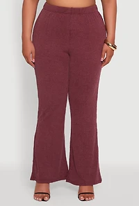 Womens Plus Size High Waisted Ribbed Knit Flare Leg Pants, Burgundy, Size 2X