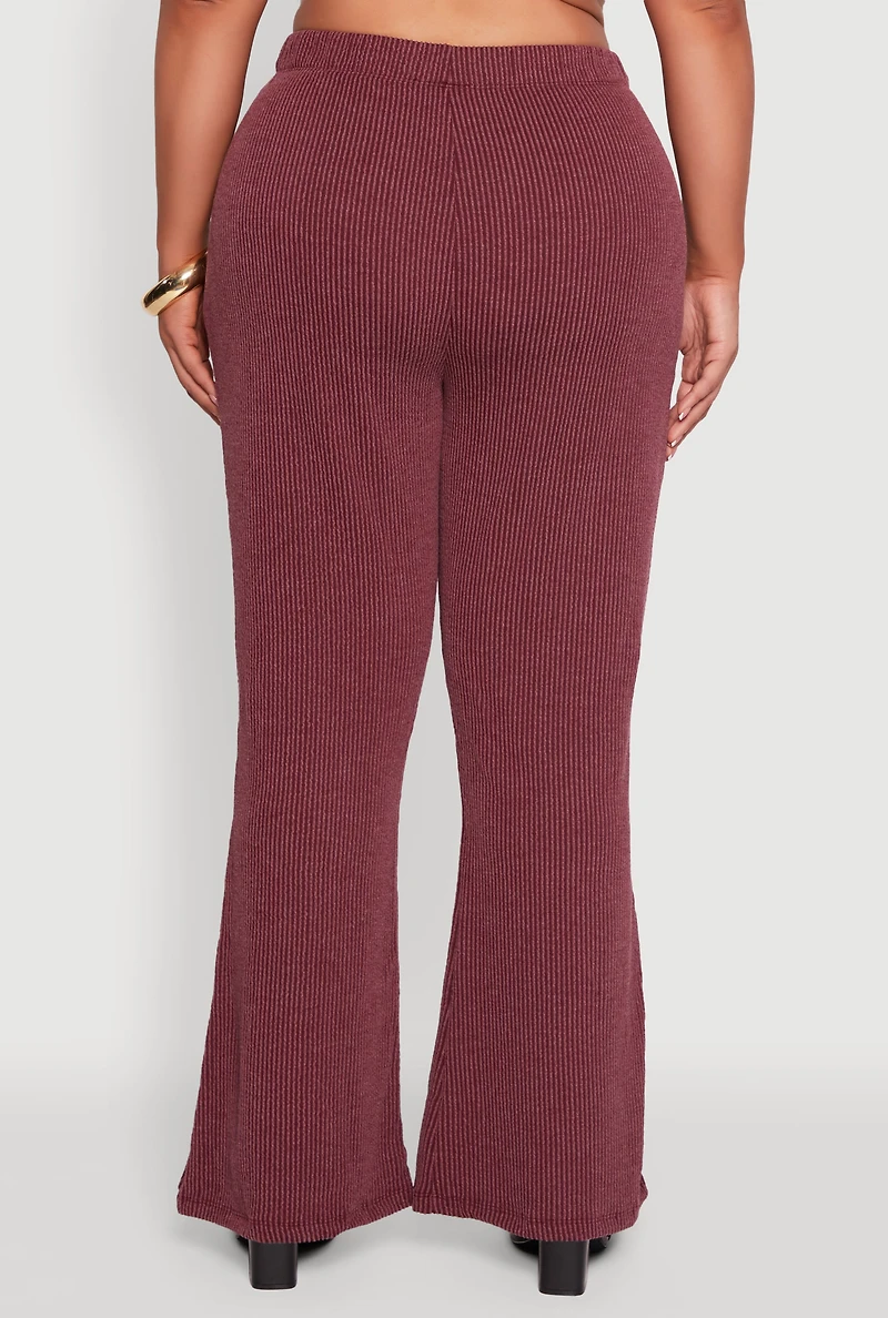 Womens Plus Size High Waisted Ribbed Knit Flare Leg Pants, Burgundy, Size 2X