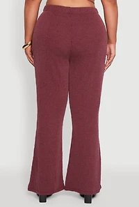 Womens Plus Size High Waisted Ribbed Knit Flare Leg Pants, Burgundy, Size 2X