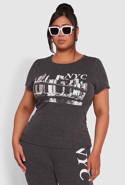 Womens Plus Size Ribbed Knit NYC Bridge Graphic Tee, Grey, Size 3X