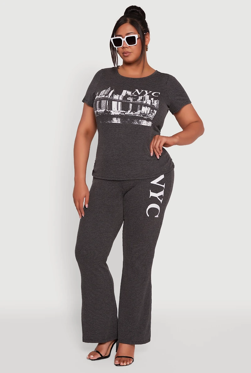 Womens Plus Size Ribbed Knit NYC Bridge Graphic Tee, Grey, Size 3X