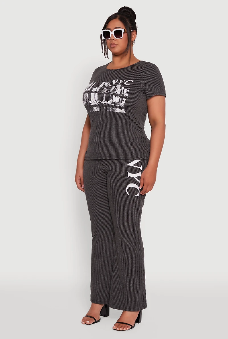 Womens Plus Size Ribbed Knit NYC Bridge Graphic Tee, Grey, Size 3X