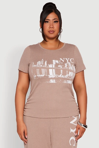 Womens Plus Size Ribbed Knit NYC Bridge Graphic Tee, Beige, Size 1X
