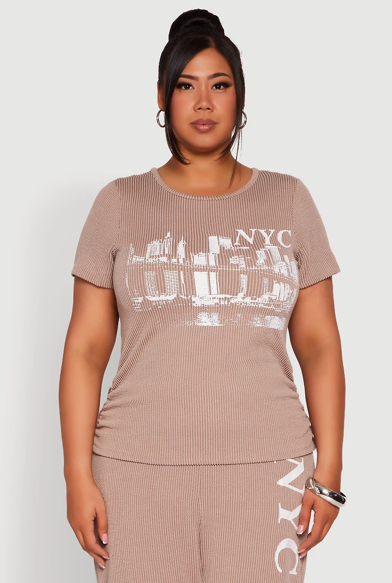 Womens Plus Size Ribbed Knit NYC Bridge Graphic Tee, Beige, Size 3X