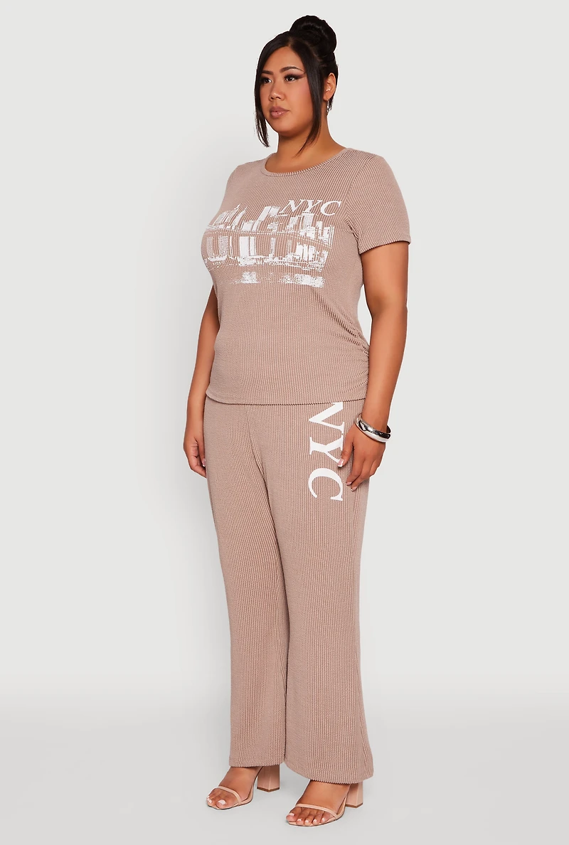 Womens Plus Size Ribbed Knit NYC Bridge Graphic Tee, Beige, Size 3X