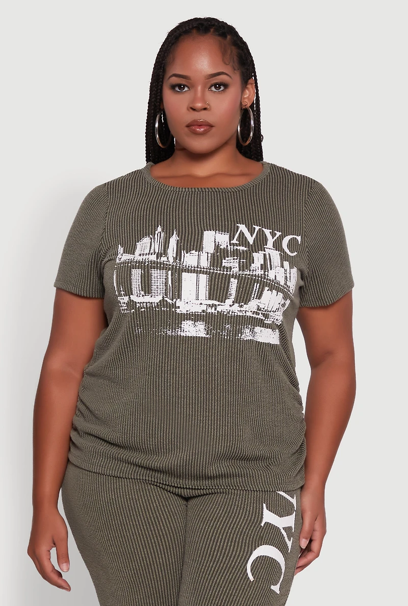 Womens Plus Size Ribbed Knit NYC Bridge Graphic Tee, Green, Size 2X