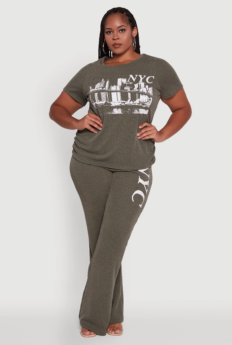 Womens Plus Size Ribbed Knit NYC Bridge Graphic Tee, Green, Size 2X
